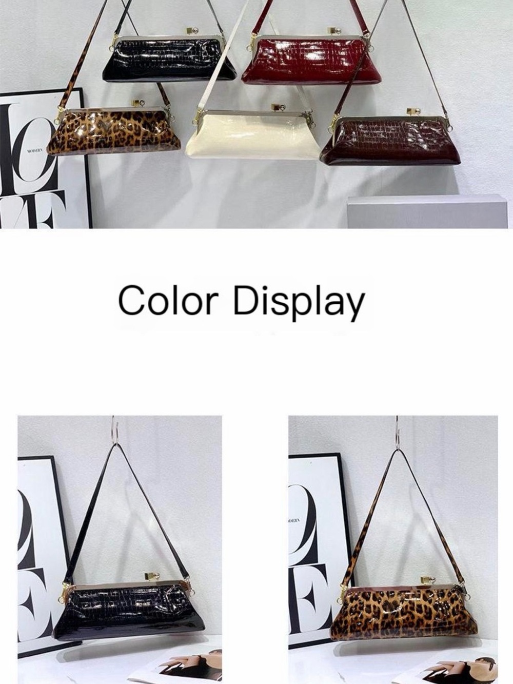 Croc-Texture Frame cowhide Shoulder Bag in Black, Red wine, white and Brown - Picture 6 of 9